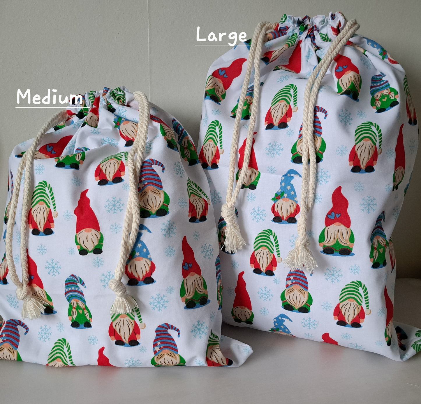 Christmas Gnomes Gift Bags, Gonk Gift Bags, eco friendly reusable Fabric Bag.