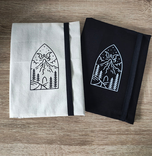 Note book cover with Dragon Mountain Design on Black fabric and Cream fabric