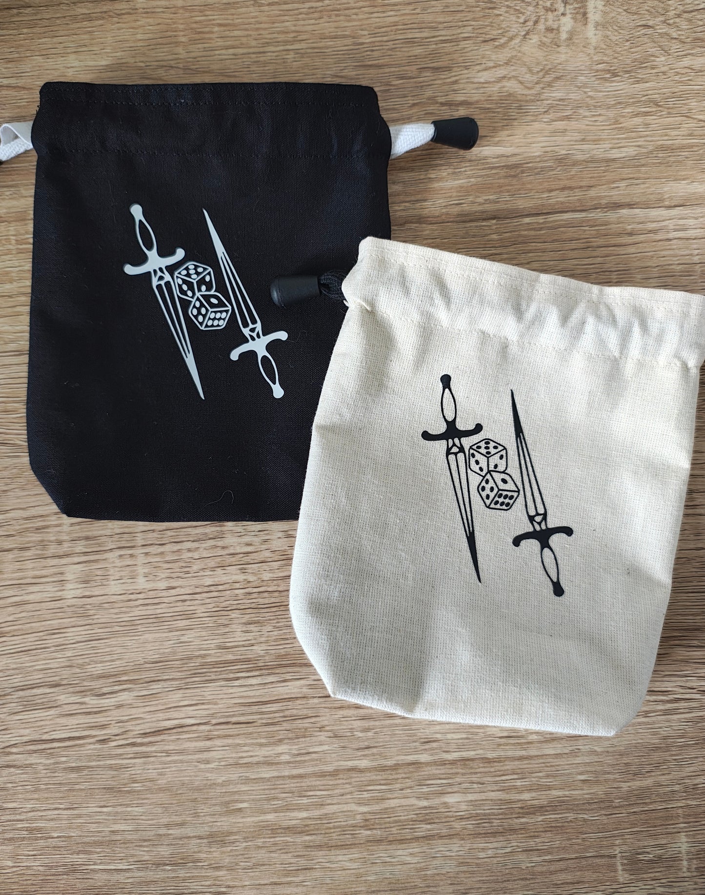 Duel Swords and dice, Gaming dice pouch, dice bag drawcord.