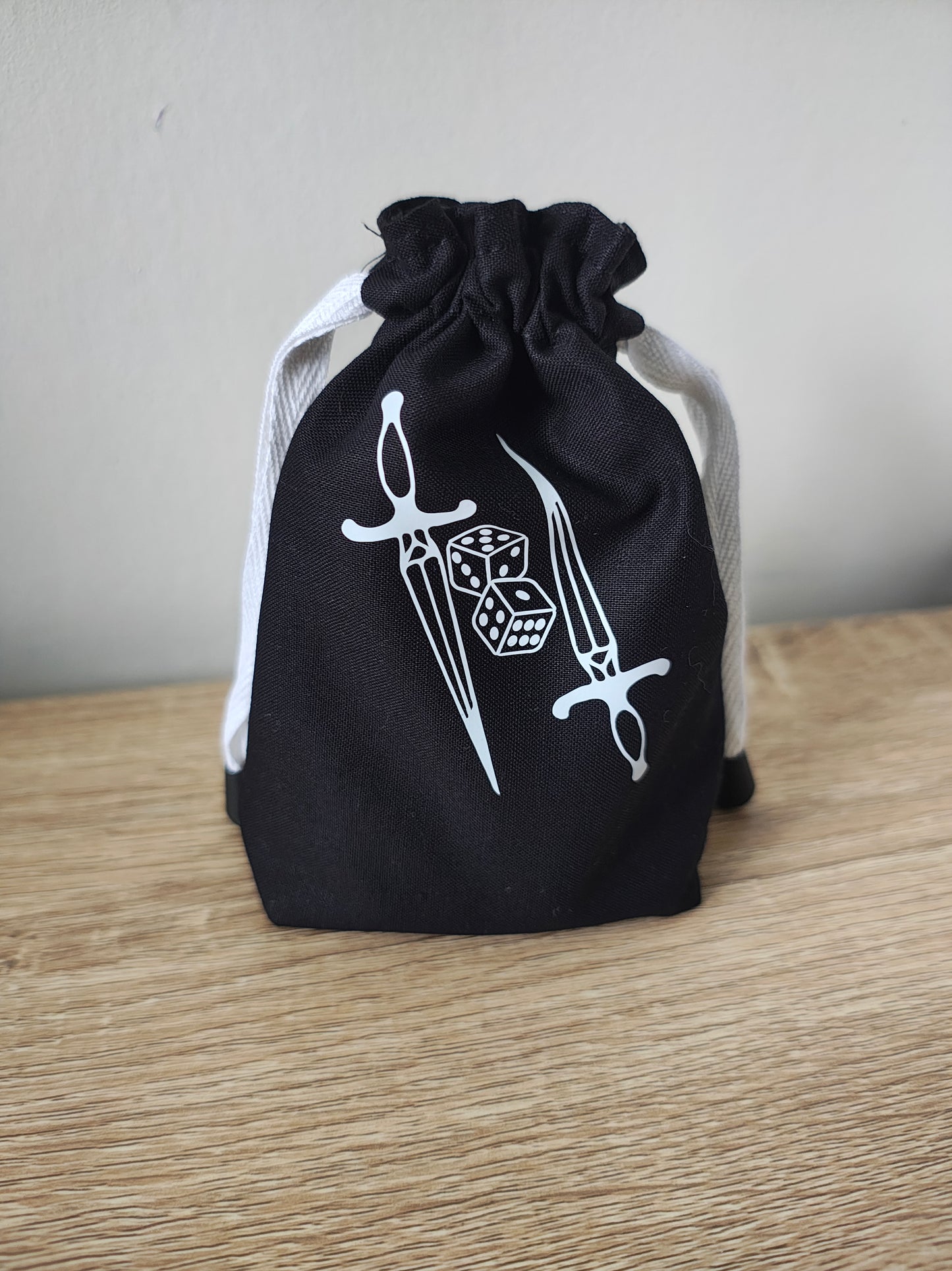 Duel Swords and dice, Gaming dice pouch, dice bag drawcord.