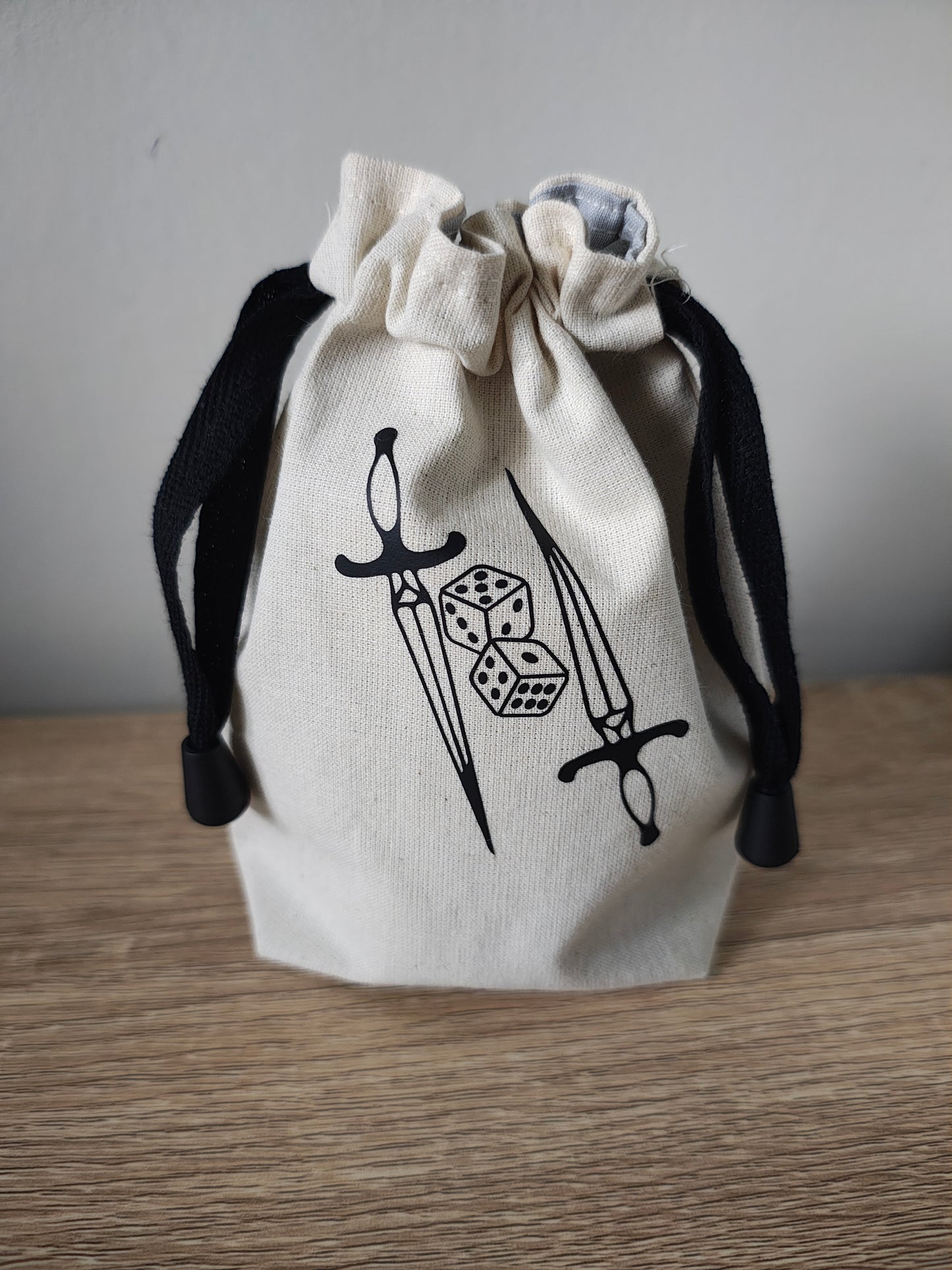 Duel Swords and dice, Gaming dice pouch, dice bag drawcord.