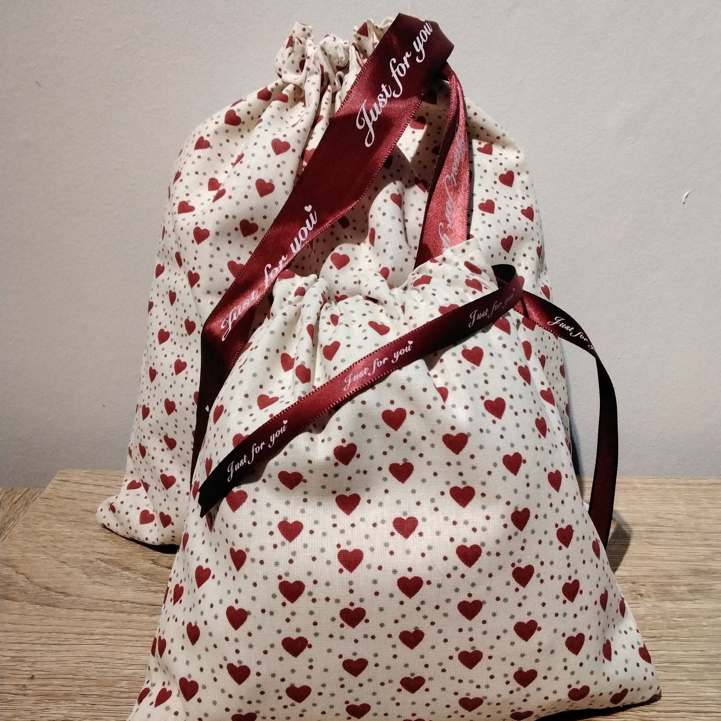 Red Love Hearts, Fabric Gift Bag for Wedding, Anniversary, Valentine's day.