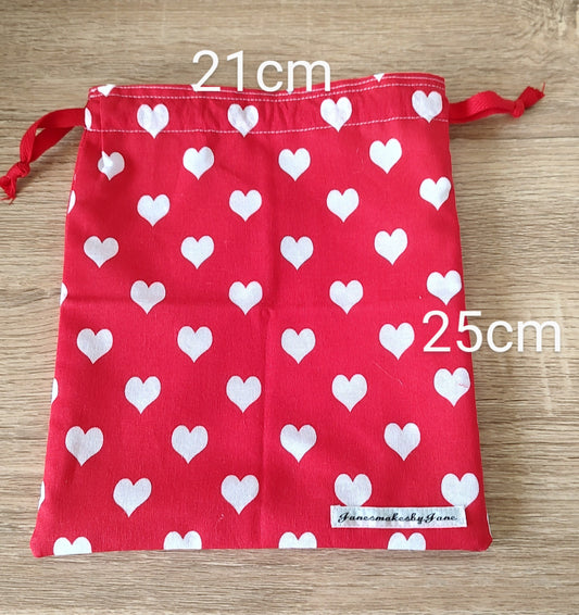 Valentines Fabric gift bag, red with white hearts,