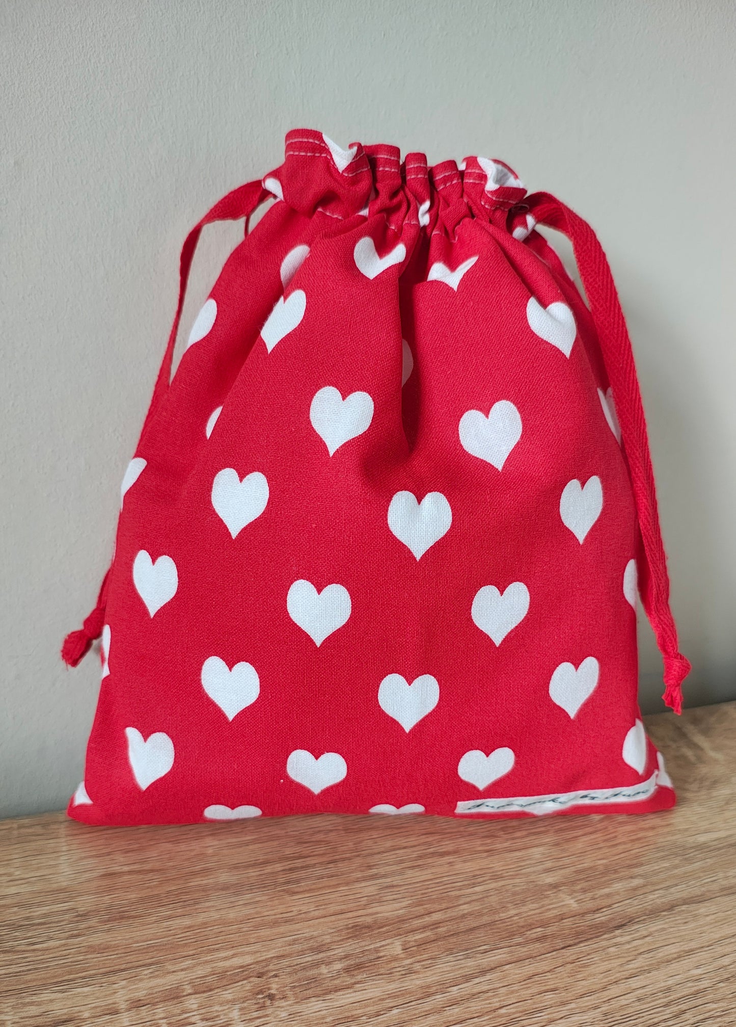 Valentines Fabric gift bag, red with white hearts,