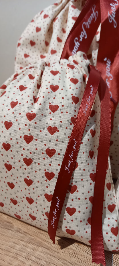 Red Love Hearts, Fabric Gift Bag for Wedding, Anniversary, Valentine's day.