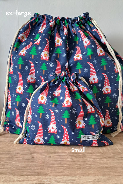 Christmas Gnomes Gonks Gift Bags, Fabric Gift Bags Reusable