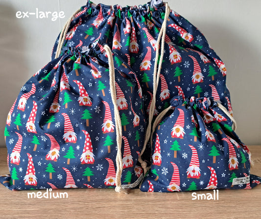 Christmas Gnomes Gonks Gift Bags, Fabric Gift Bags Reusable