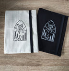 Note book cover with Dragon Mountain Design on Black fabric and Cream fabric
