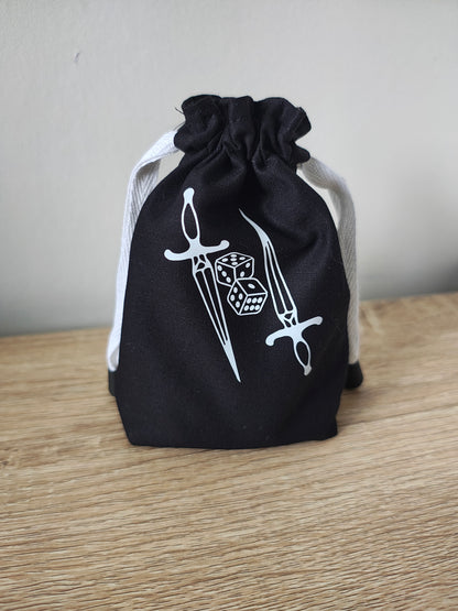 Duel Swords and dice, Gaming dice pouch, dice bag drawcord.