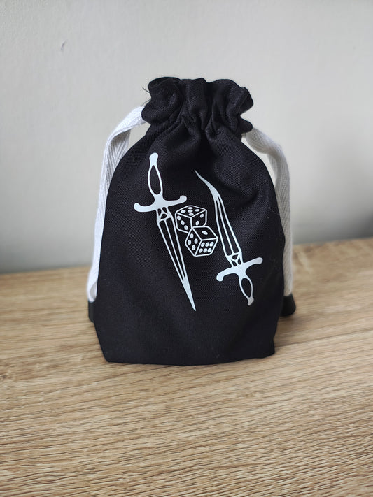 Duel Swords and dice, Gaming dice pouch, dice bag drawcord.