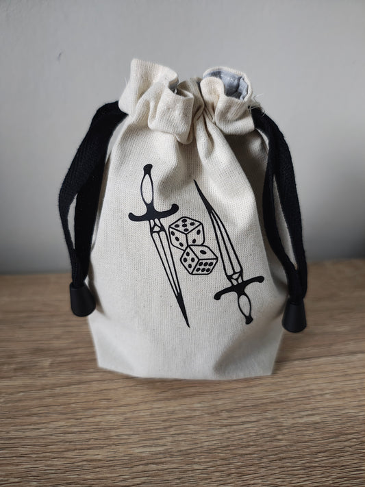 Duel Swords and dice, Gaming dice pouch, dice bag drawcord.
