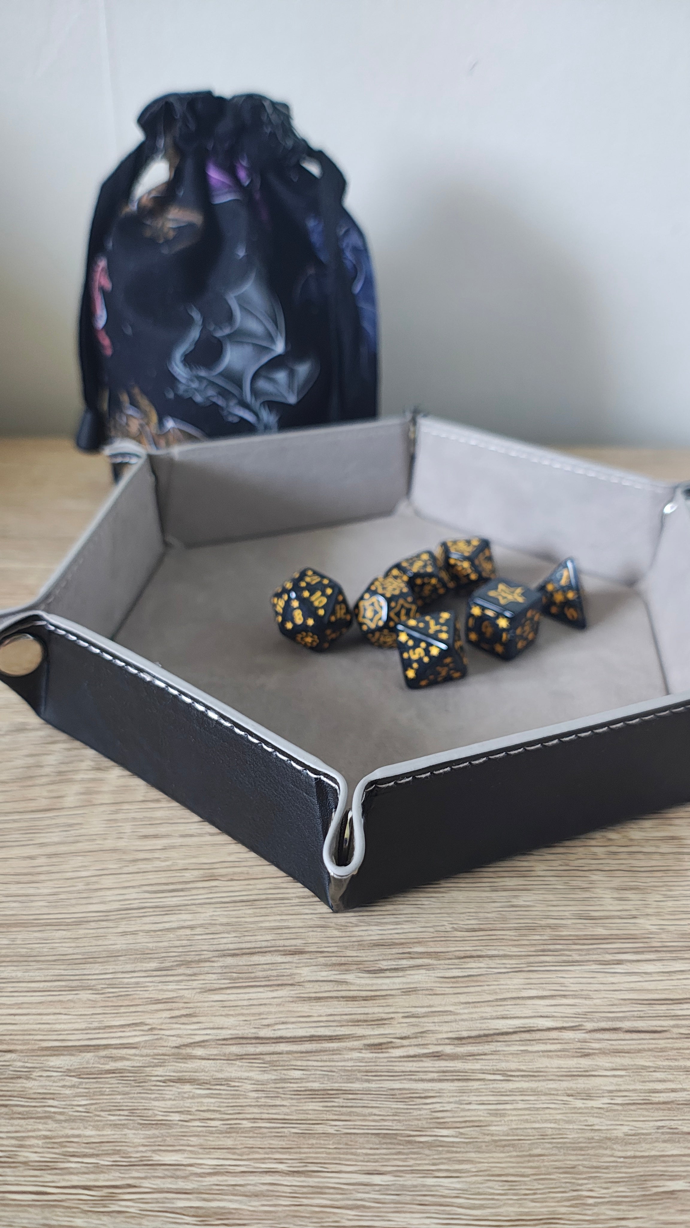 Hexagon Dice Tray, Black PU leather with Black velvet Interior for table top Gaming RPG DND