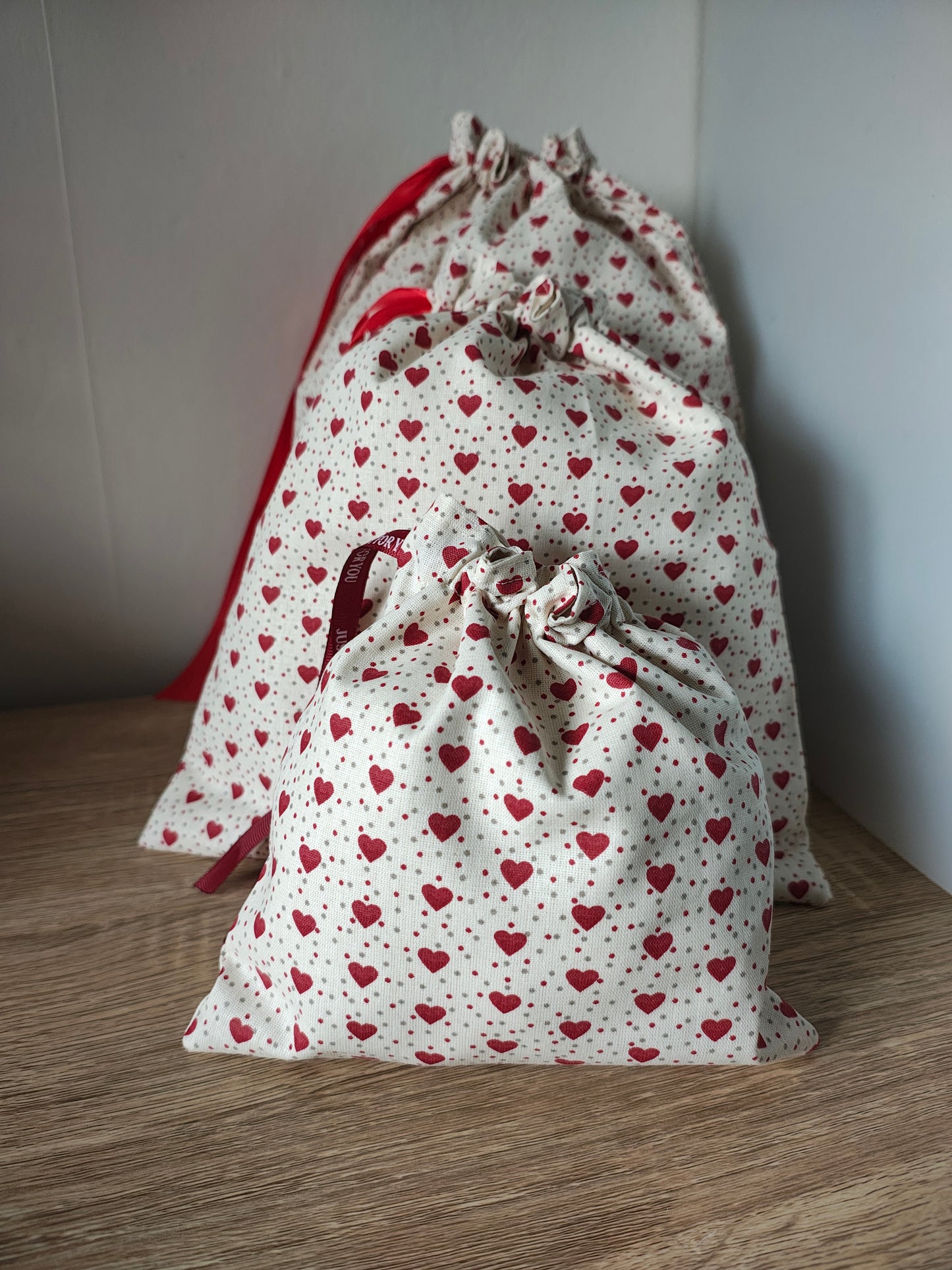 Red Love Hearts, Fabric Gift Bag for Wedding, Anniversary, Valentine's day.