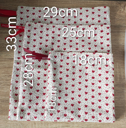 Red Love Hearts, Fabric Gift Bag for Wedding, Anniversary, Valentine's day.