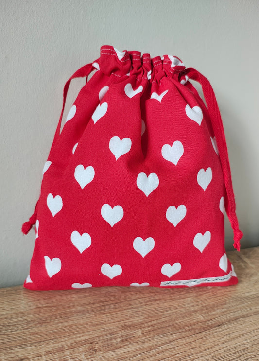 Valentines Fabric gift bag, red with white hearts,